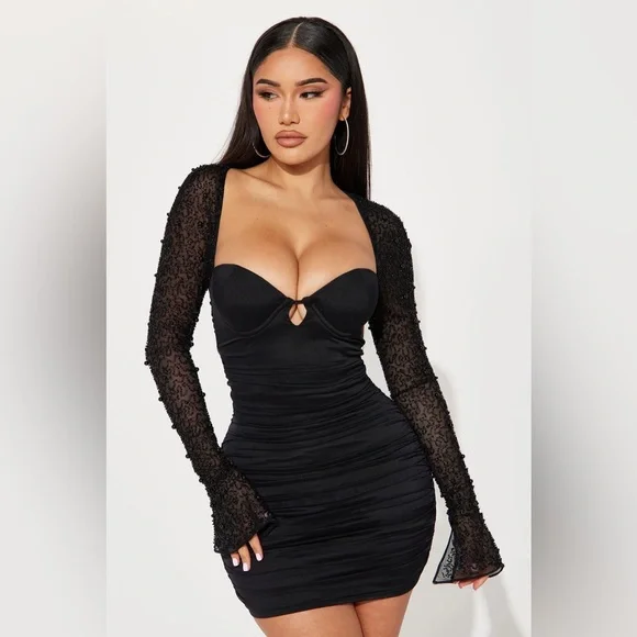 Fashion Nova Princess Beaded Mini Dress Black Size Medium - Picture 1 of 3